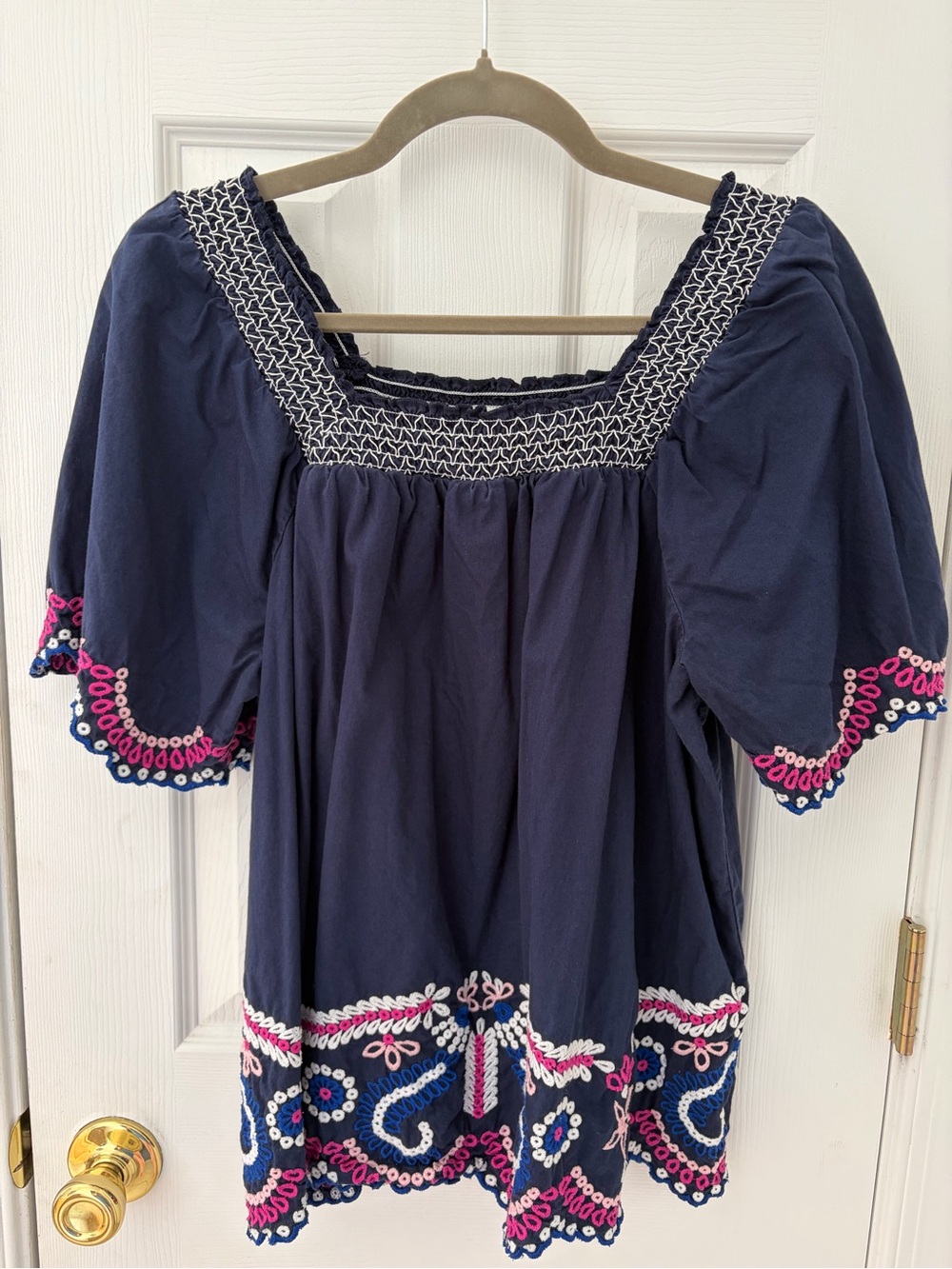 crown & ivy Navy Embroidered Square-Neck Tunic with Pink & White Trim